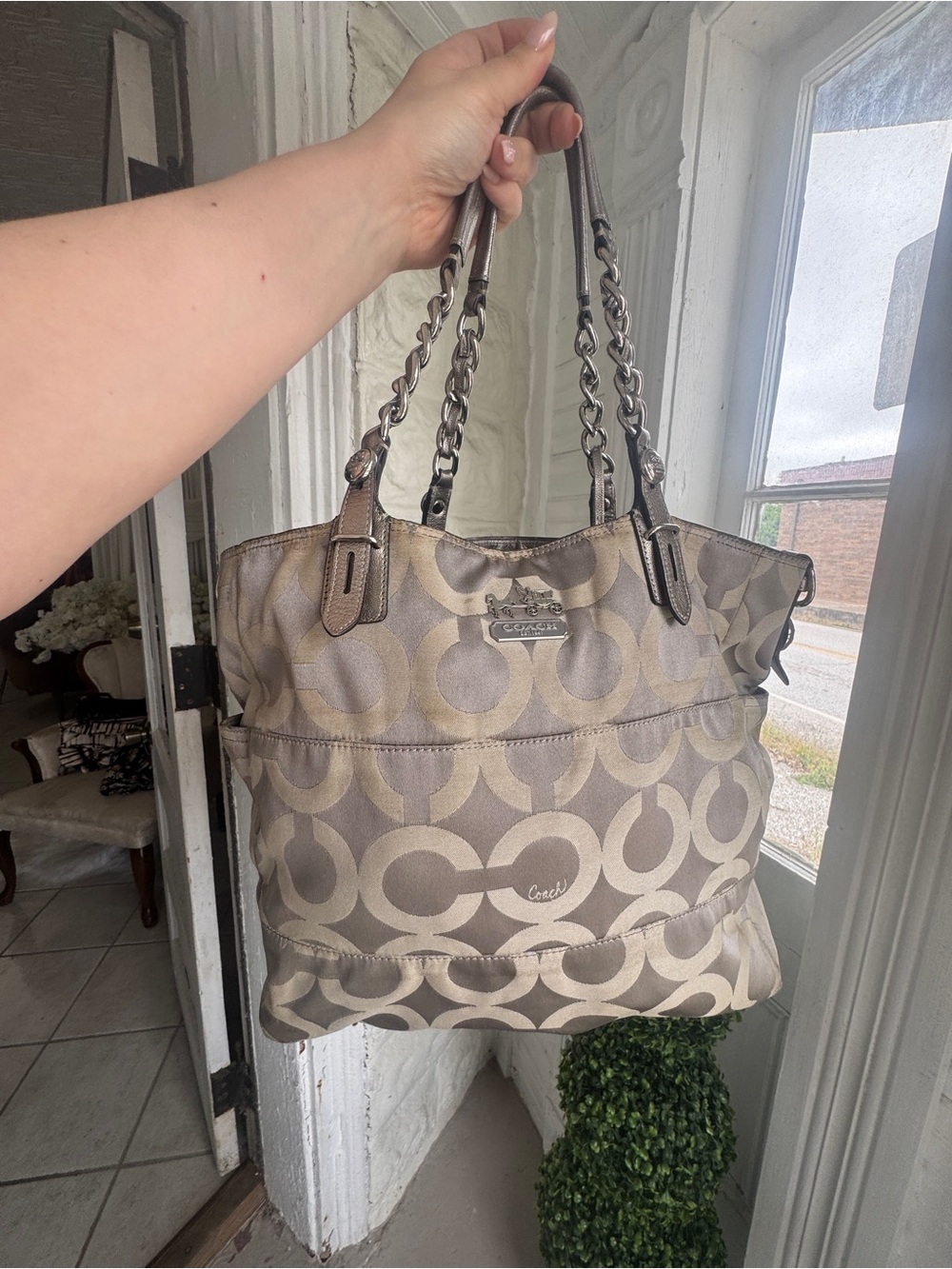 Coach Taupe and Beige Signature Chain-Handle Tote
